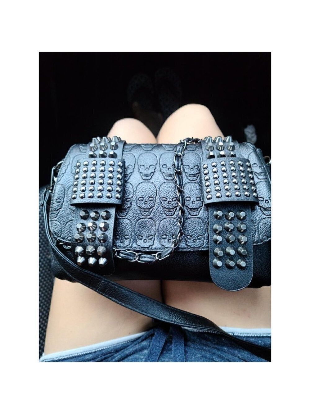 Black Leather Skull Crossbody Bag Chain Gothic Shoulder Biker Rocker Studded NWT - Picture 9 of 11